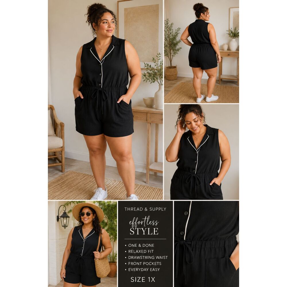 Thread & Supply Black Romper 1X Plus Size Sleeveless Utility Button